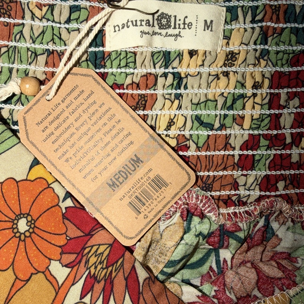 Natural Life Skirt Size M Floral Boho Maxi Pull On Cottage Smocked NWT Side Slit - Picture 3 of 6